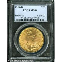 1914-D $20 MS64 PCGS. A sharply struck and lustrou 1914-D $20 MS64 PCGS.