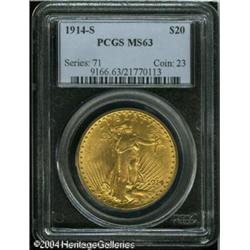 1914-S $20 MS63 PCGS. Well struck with pleasing lu 1914-S $20 MS63 PCGS.