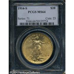 1914-S $20 MS64 PCGS. Well impressed, with honey-g 1914-S $20 MS64 PCGS.