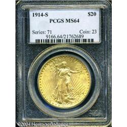 1914-S $20 MS64 PCGS. Well struck with matte-like 1914-S $20 MS64 PCGS.