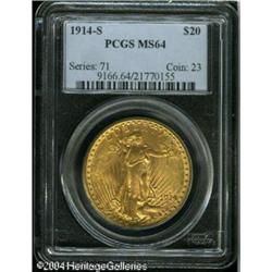 1914-S $20 MS64 PCGS. Sharply struck and nearly im 1914-S $20 MS64 PCGS.