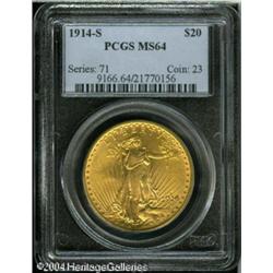 1914-S $20 MS64 PCGS. Well struck with splendid mi 1914-S $20 MS64 PCGS.