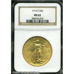 1914-S $20 MS65 NGC. Peach-gold patination reveals 1914-S $20 MS65 NGC.