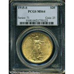 1915-S $20 MS64 PCGS. A boldly struck and carefull 1915-S $20 MS64 PCGS.
