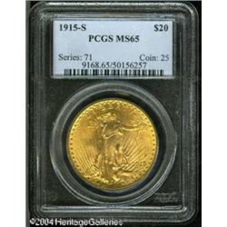 1915-S $20 MS65 PCGS. This impressive Gem features 1915-S $20 MS65 PCGS.