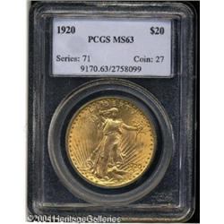 1920 $20 MS63 PCGS. A suitably preserved, well str 1920 $20 MS63 PCGS.