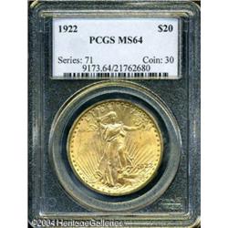 1922 $20 MS64 PCGS. Well struck with bright pink a 1922 $20 MS64 PCGS.
