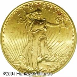 1922 $20 MS65 PCGS. Bright yellow-gold color adorn 1922 $20 MS65 PCGS.