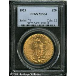 1923 $20 MS64 PCGS. Crisply struck and lustrous. A 1923 $20 MS64 PCGS.