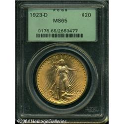 1923-D $20 MS65 PCGS. Bright mostly brassy-gold ce 1923-D $20 MS65 PCGS.
