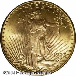 1923-D $20 MS66 PCGS. Intense luster with copper-g 1923-D $20 MS66 PCGS.