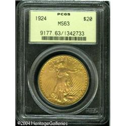 1924 $20 MS63 PCGS. A satiny apricot-gold Double E 1924 $20 MS63 PCGS.