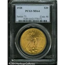 1928 $20 MS64 PCGS. A lustrous orange-gold near-Ge 1928 $20 MS64 PCGS.