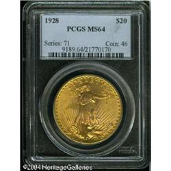 1928 $20 MS64 PCGS. Booming mint luster and bright 1928 $20 MS64 PCGS.