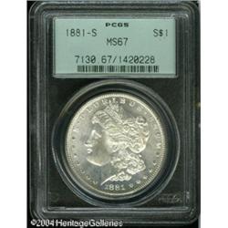 1881-S S$1 MS67 PCGS. A hint of gold color endows 1881-S S$1 MS67 PCGS.