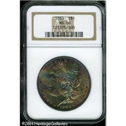 1883 S$1 MS66 NGC. Vivid sea-green, rose, and tan 1883 S$1 MS66 NGC.