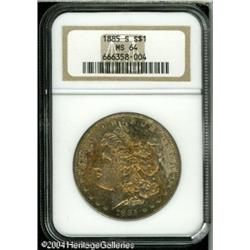 1885-S S$1 MS64 NGC. Gorgeously toned in orange, l 1885-S S$1 MS64 NGC.