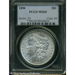 1890 S$1 MS65 PCGS. Lustrous surfaces reveal faint 1890 S$1 MS65 PCGS.