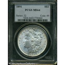 1891 S$1 MS64 PCGS. Silver-gray surfaces display n 1891 S$1 MS64 PCGS.