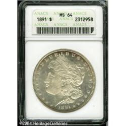 1891 S$1 MS64 ANACS. Wisps of peach patina cling t 1891 S$1 MS64 ANACS.