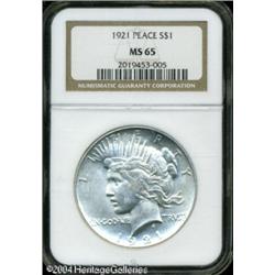 1921 S$1 MS65 NGC. The popular Peace dollar made i 1921 S$1 MS65 NGC.
