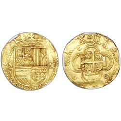 Seville, Spain, cob 2 escudos, Philip II, assayer Gothic D below mintmark S to left, NGC MS 64.