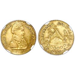Potosi, Bolivia, 1 scudo, 1835LM, NGC UNC details / surface hairlines, ex-Newman (stated on label).