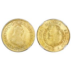 Popayan, Colombia, bust 8 escudos, Ferdinand VI, 1758J, mintmark P.N, NGC VF 35.
