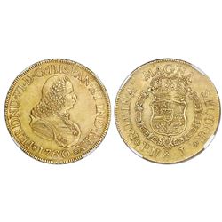 Popayan, Colombia, bust 8 escudos, Ferdinand VI, 1760J, mintmark P.N, NGC AU 58.
