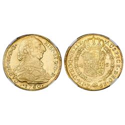 Popayan, Colombia, bust 4 escudos, Charles III, 1780SF, NGC AU 53.