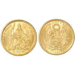 Lima, Peru, 20 soles, 1863YB, "angel wings" die-clash.