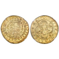 Seville, Spain, milled 8 escudos, Philip V, 1717/6M, S-8-M-8 outside quatrefoil, NGC AU 55.