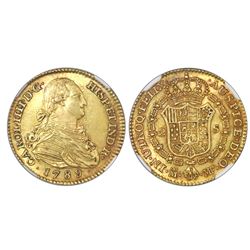 Madrid, Spain, bust 2 escudos, Charles IV, 1789MF, NGC MS 61, finest known in NGC census.