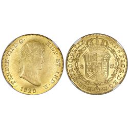 Madrid, Spain, bust 8 escudos, Ferdinand VII, 1820GJ, NGC MS 61.