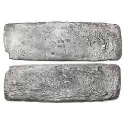 Silver "tumbaga" bar #M-105, 3595 grams, marked with assayer B~Vo, serial RC, fineness IVCC L (1250/