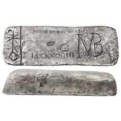 Large silver Atocha ba #723 from Potosi, 60 lb 7.68 oz troy, Class Factor 1.0, with markings of mine