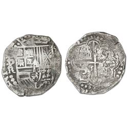 Potosi, Bolivia, cob 8 reales, Philip III, assayer R (curved leg), Grade 1.