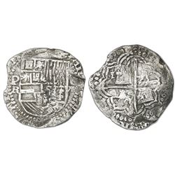 Potosi, Bolivia, cob 8 reales, Philip III, assayer R (curved leg), Grade 1.