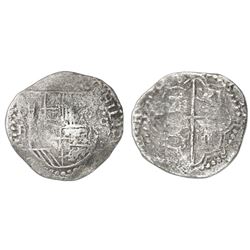 Potosi, Bolivia, cob 8 reales, Philip III, assayer R (curved leg), Grade 3.