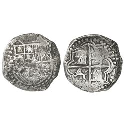 Potosi, Bolivia, cob 8 reales, Philip III, assayer R (curved leg), Grade 3.