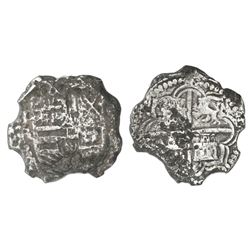 Potosi, Bolivia, cob 8 reales, Philip III, assayer R (curved leg), Grade 3.