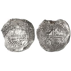 Potosi, Bolivia, cob 8 reales, Philip III, assayer R (curved leg), Grade 3.