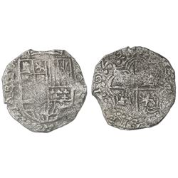 Potosi, Bolivia, cob 8 reales, 1620T, quadrants of cross transposed, mintmark  q,  Grade 1.
