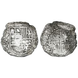 Potosi, Bolivia, cob 8 reales, Philip III, assayer T, quadrants of cross transposed, Grade 1.