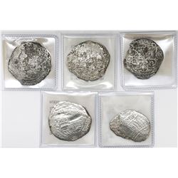 Lot of five Potosi, Bolivia, cob 8 reales, Philip II and III, assayers Q and not visible, Grade 3 (o