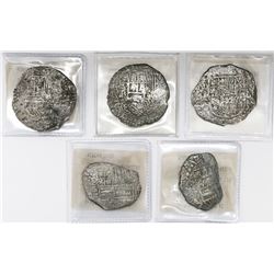 Lot of five Potosi, Bolivia, cob 8 reales, Philip II and III, assayers R (curved leg), T and not vis