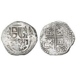 Potosi, Bolivia, cob 4 reales, Philip III, assayer R (curved leg), Grade 1.