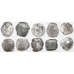 Lot of ten Mexico City, Mexico, cob 8 reales, Philip IV, assayers D or P (where visible).