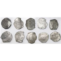 Lot of ten Mexico City, Mexico, cob 8 reales, Philip IV, assayers D or P (where visible).