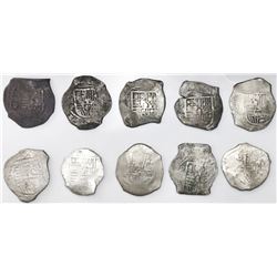 Lot of ten Mexico City, Mexico, cob 8 reales, Philip IV, assayers D or P (where visible).
